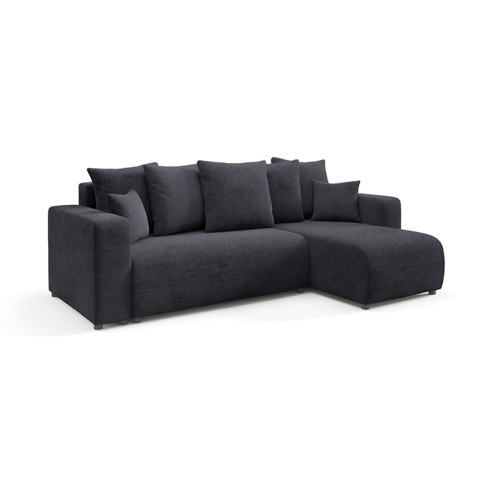 GLORIA - Canapé d'angle droit convertible 4 places en tissu noir