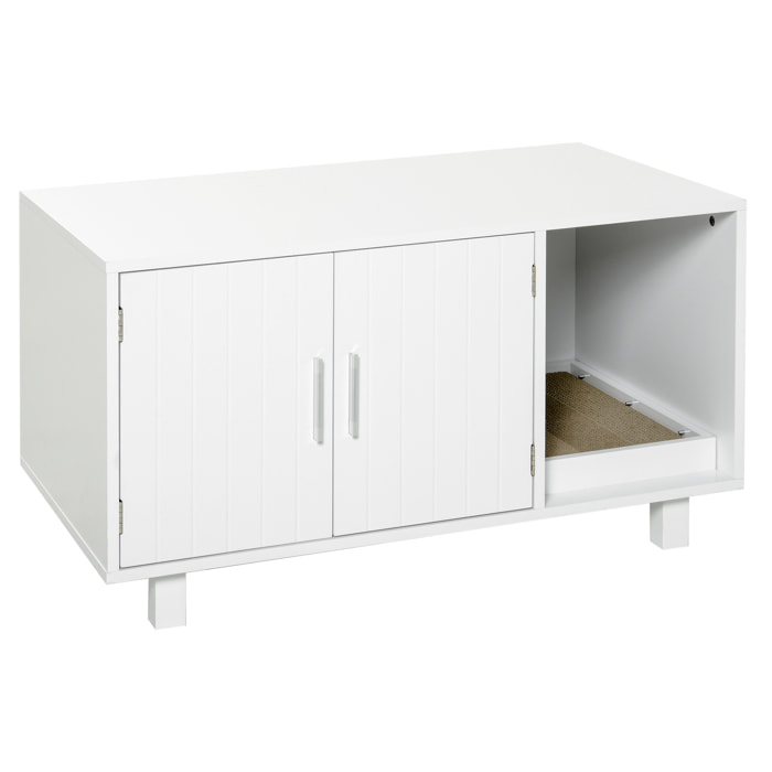 Maison de toilette pour chat - 2 portes, niche, grattoir amovible - MDF blanc