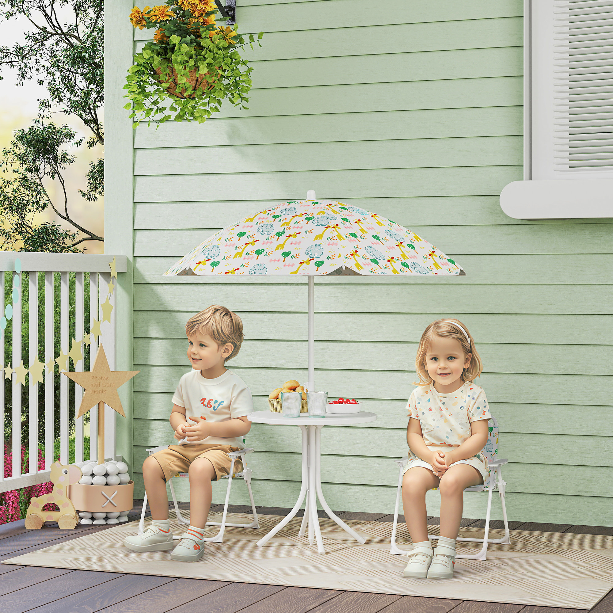 Conjunto de Mesa y Sillas Infantil de Jardín de 4 Piezas, Mesa Infantil con Sillas Plegables, Sombrilla Ajustable, Diseño de Elefantes y Jirafas, para Patio, Pícnic, Blanco