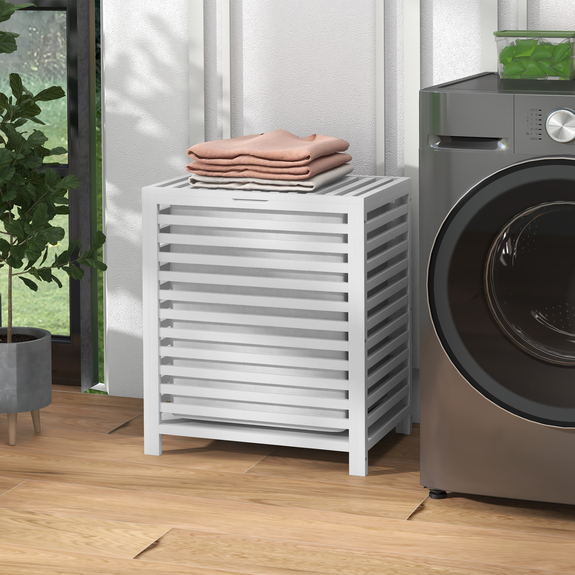 Cesto para Ropa Sucia de Bambú Capacidad de 55L Cesta para la Colada con Tapa 2 Asas y Bolsa Extraíble Forma Rectangular 50x36x60 cm Blanco