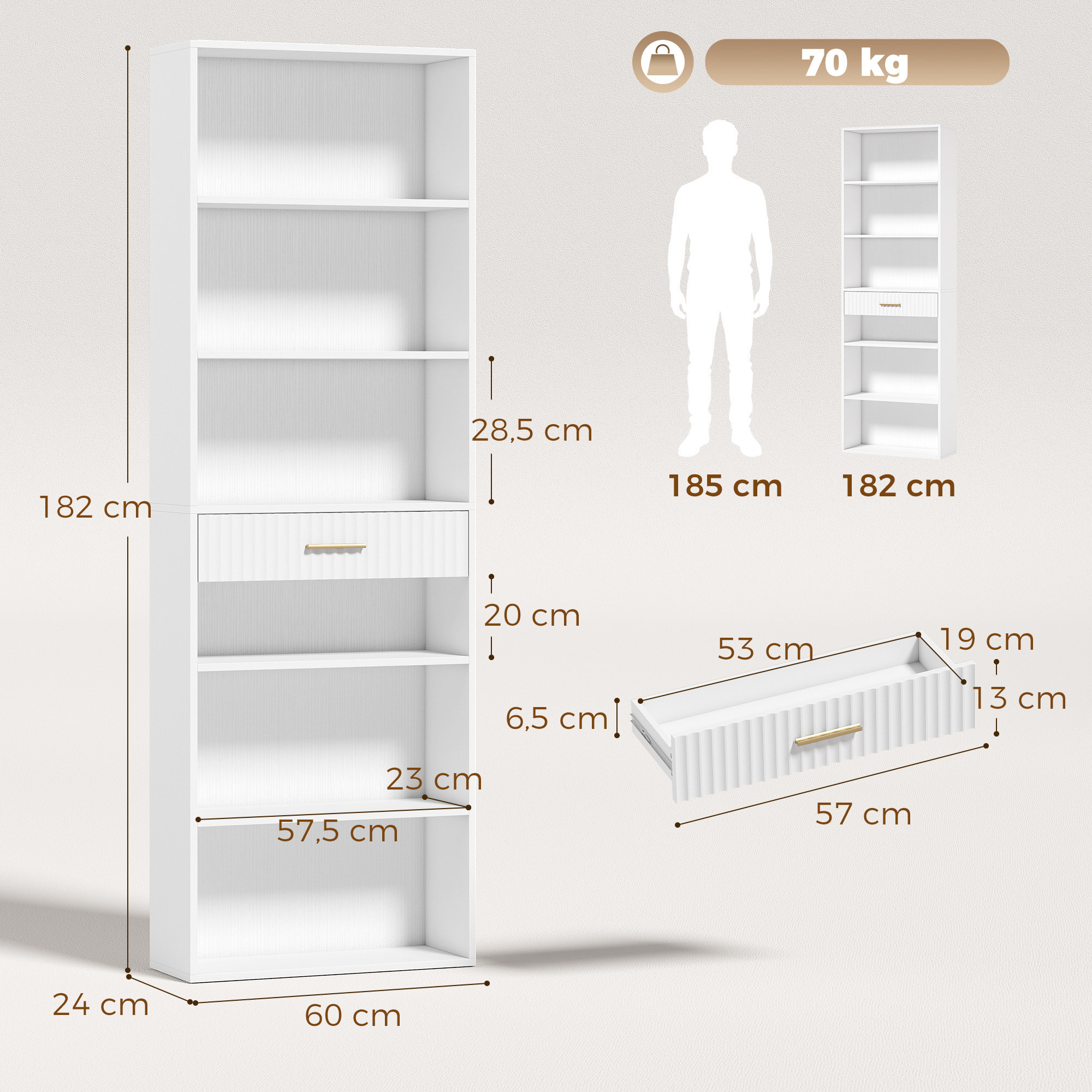 Estantería para Libros Alta y Estrecha, Librería de 7 Niveles con Cajón, 6 Compartimentos Abiertos, Armario para Salón, Estudio, Oficina, 60x24x182 cm, Blanco