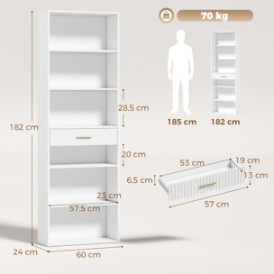 Estantería para Libros Alta y Estrecha, Librería de 7 Niveles con Cajón, 6 Compartimentos Abiertos, Armario para Salón, Estudio, Oficina, 60x24x182 cm, Blanco