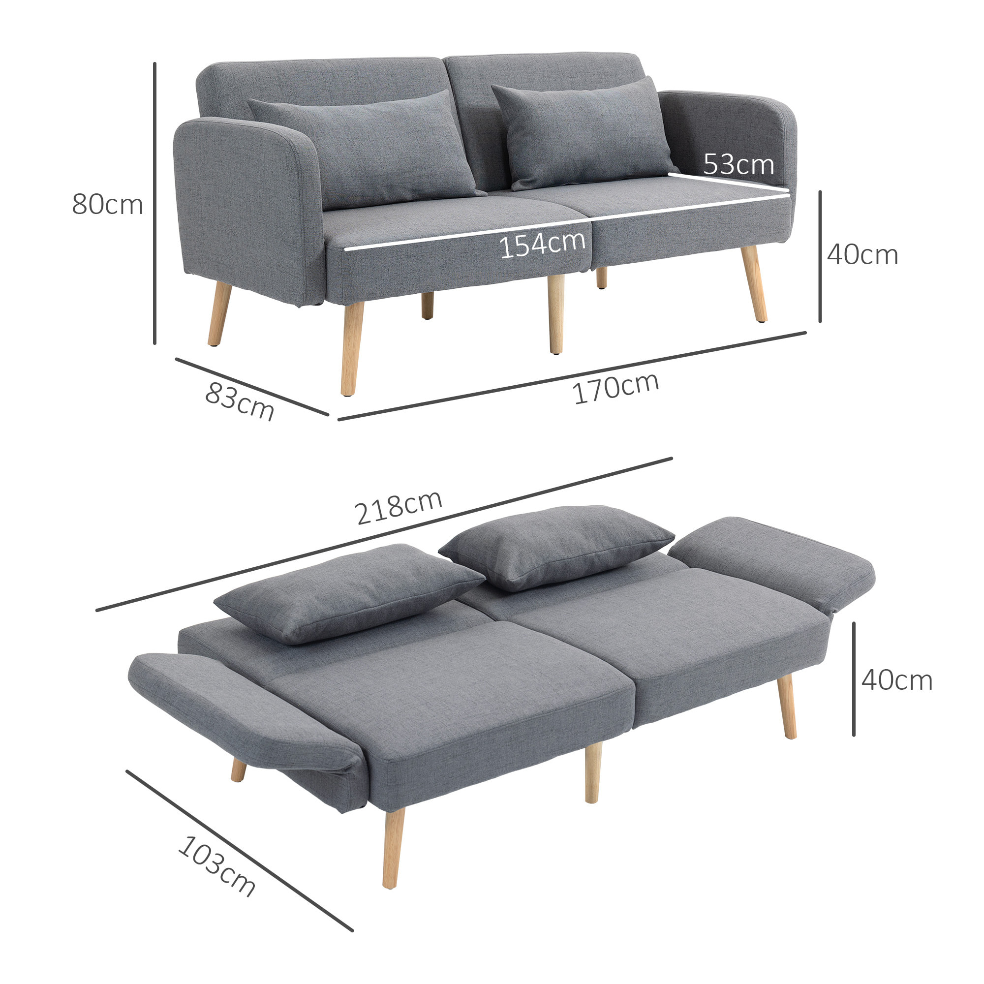 Canapé convertible 3 places design scandinave - dossier inclinable, accoudoirs réglables - 2 coussins déco - tissu gris