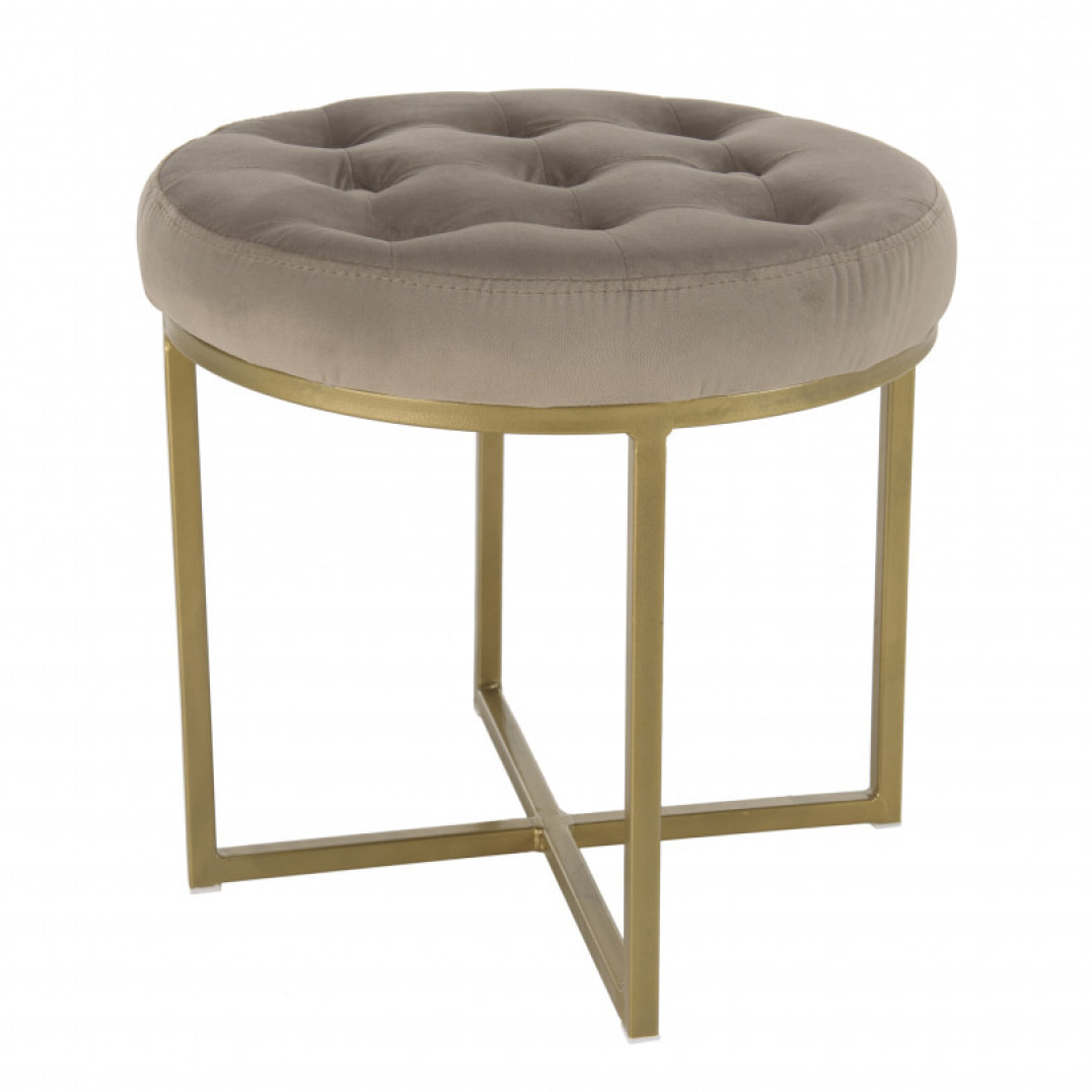 ALBANE - Tabouret rond 41x41cm velours taupe avec boutons pieds croisés métal doré