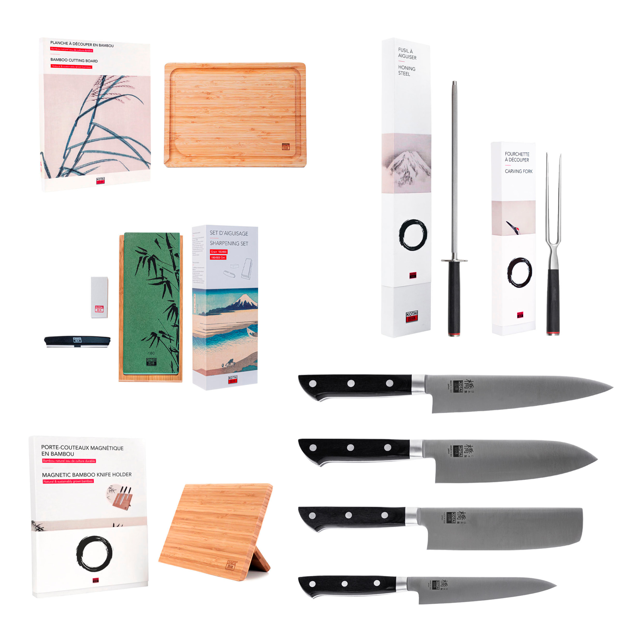 Set Hashi Deluxe Completo 9 piezas: 4 cuchillos (pequeño + nakiri + santoku + gyuto) + portacuchillos magnético de bambú + tabla de cortar de bambú + set de afilado de grano 180/800 + afiladora + tenedor de picar