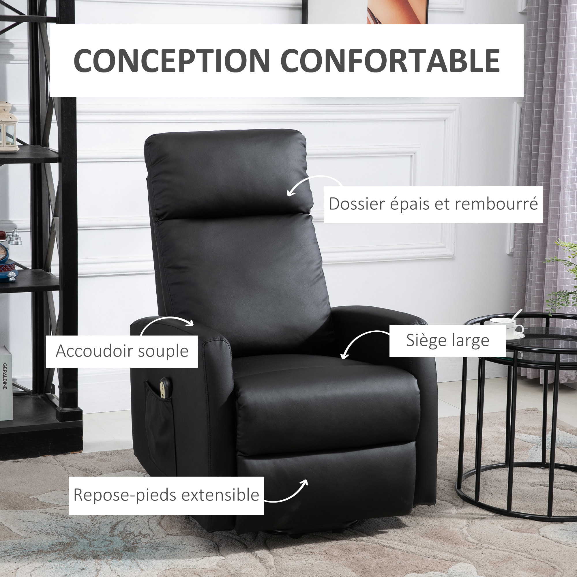 Fauteuil de relaxation électrique fauteuil releveur inclinable repose-pied ajustable revêtement synthétique noir