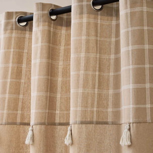 Rideau à œillets avec haut à carreaux et pompons en polycoton - Sable