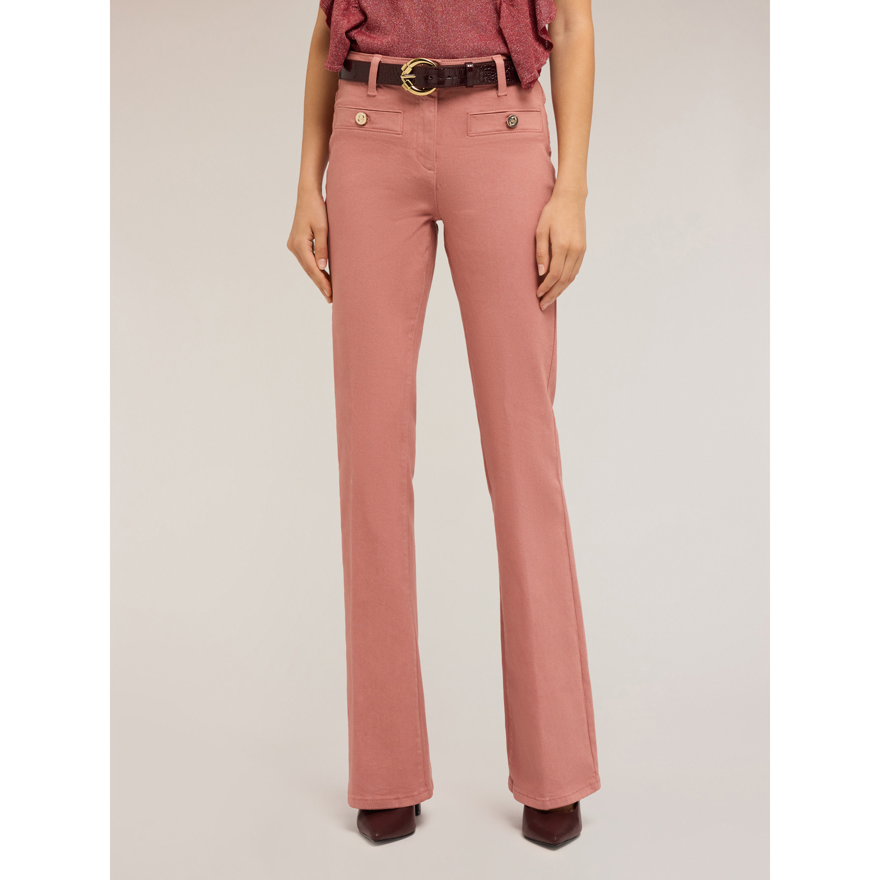 Motivi - Pantalones acampanados de sarga de algodón - Rosa cipria