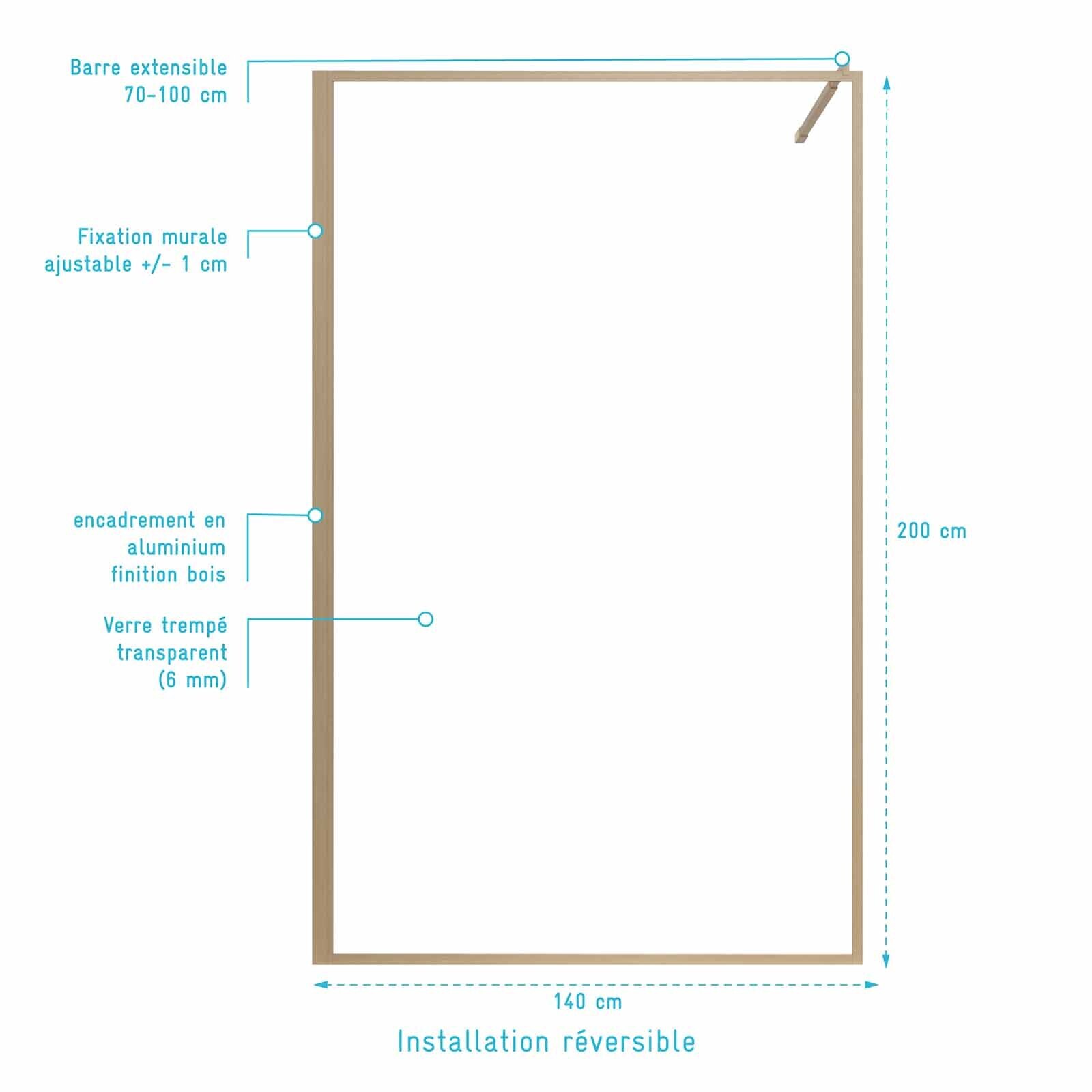 Paroi de Douche 140x200 cm - Cadre et Bras Aluminium Décor Bois - WOODEN CONTOURING