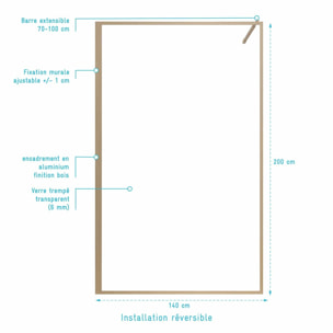Paroi de Douche 140x200 cm - Cadre et Bras Aluminium Décor Bois - WOODEN CONTOURING