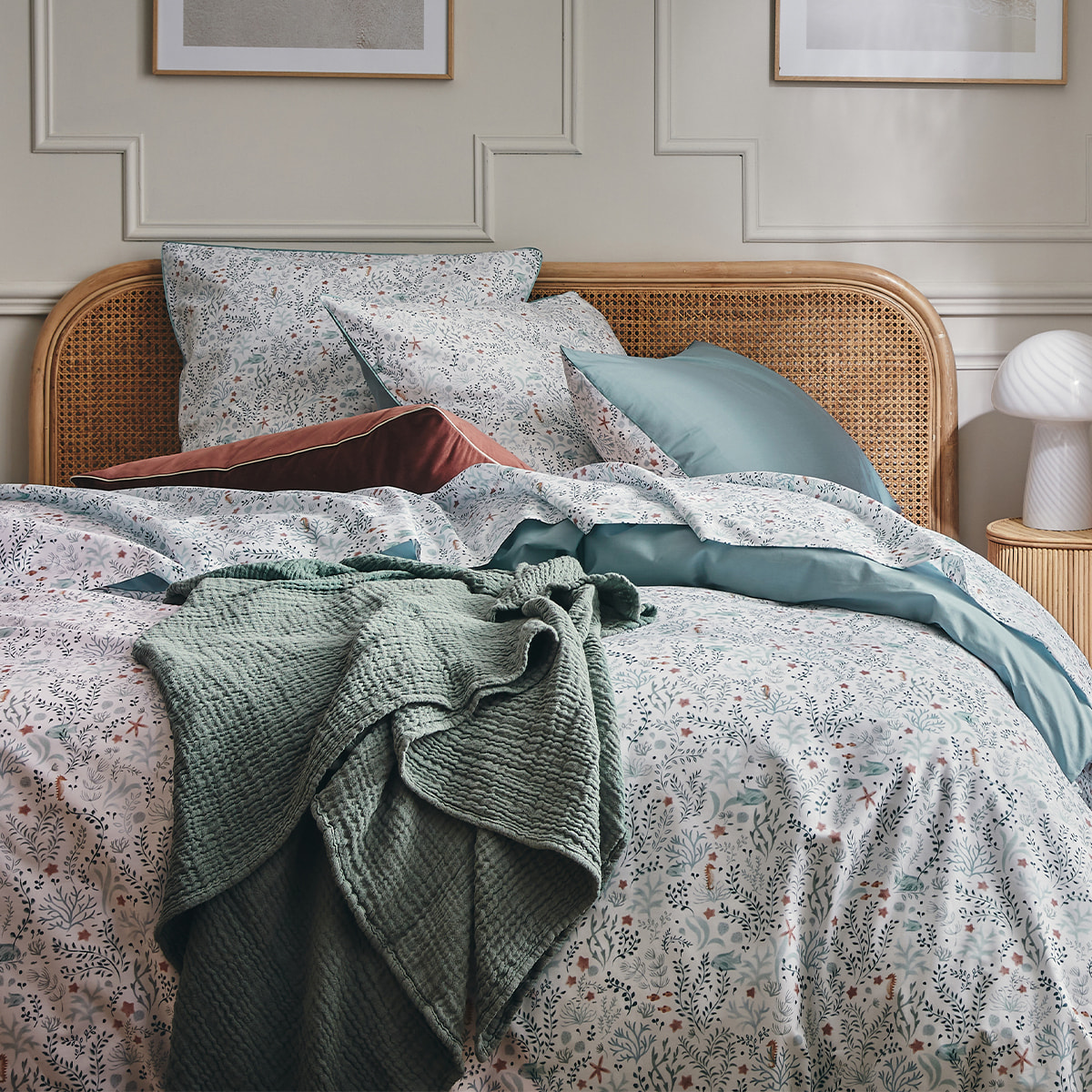 Drap plat imprimé en percale de coton, SOUS L'OCÉAN, Bleu clair