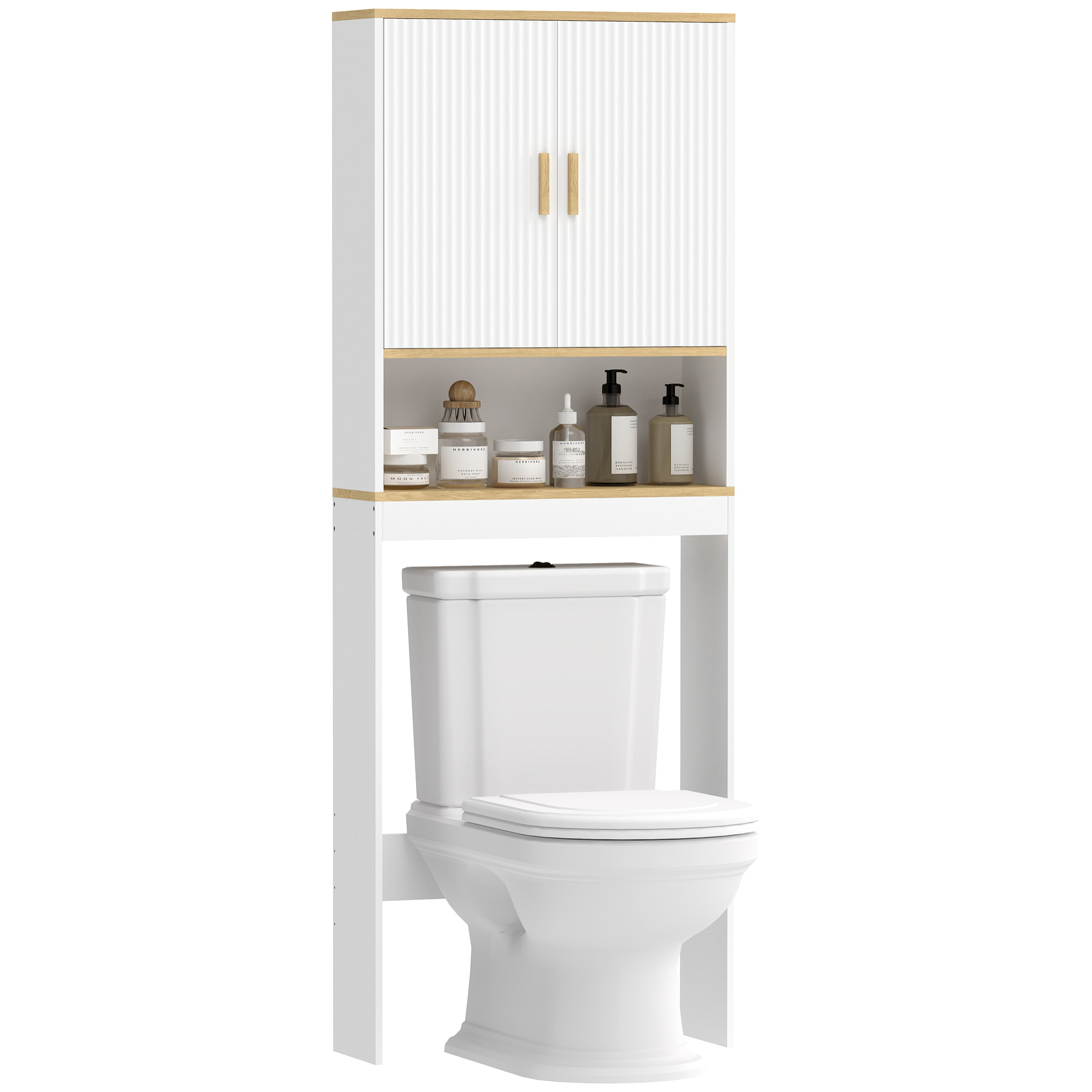 Estantería para Baño sobre Inodoro, Mueble Organizador de Baño de 3 Niveles con Estante Abierto, 2 Puertas y Estante Ajustable, 64x20x170,5 cm, Blanco