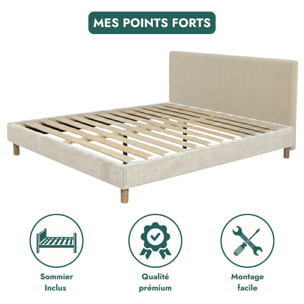 Ensemble matelas Jade & lit fixe Colisée | Mémoire de forme et ressorts ensachés | cadre à lattes | Velours côtelé | Gris clair