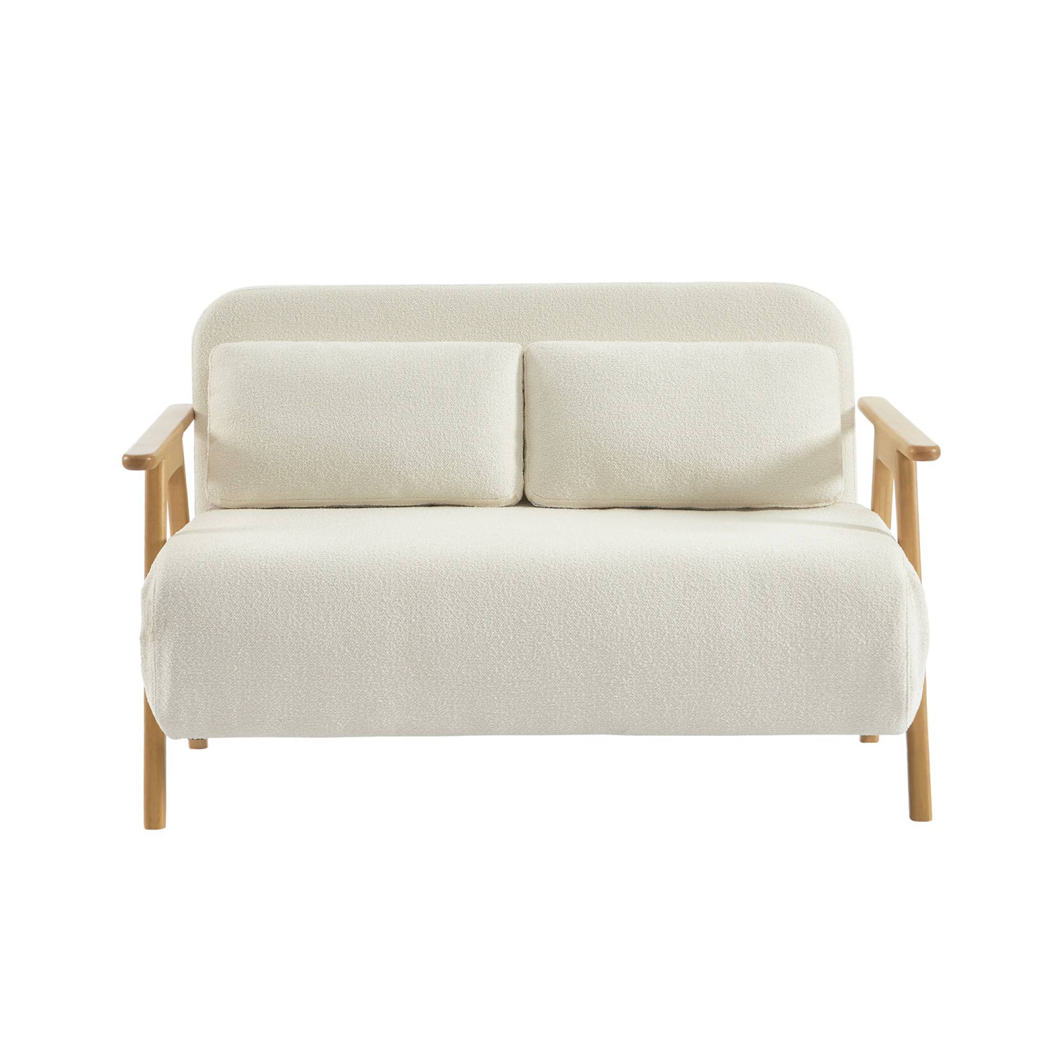 Banquette canapé convertible 2 places bois d'hévéa et bouclette texturée crème L 133 x P 81 x 84cm - Sven