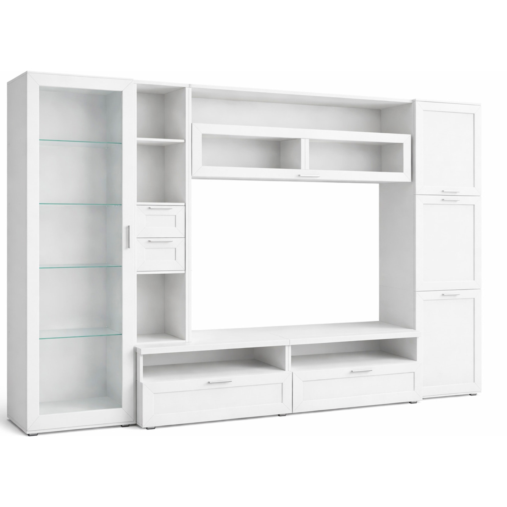 Parete Attrezzata Soggiorno Con Vetrina 6 Ante Battenti E 3 Ribalte Ampio Mobile Porta TV Con Ripiani Design Moderno Living 300 x 50 x 215 Cm Bianco