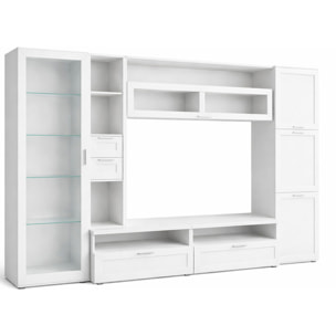 Parete Attrezzata Soggiorno Con Vetrina 6 Ante Battenti E 3 Ribalte Ampio Mobile Porta TV Con Ripiani Design Moderno Living 300 x 50 x 215 Cm Bianco