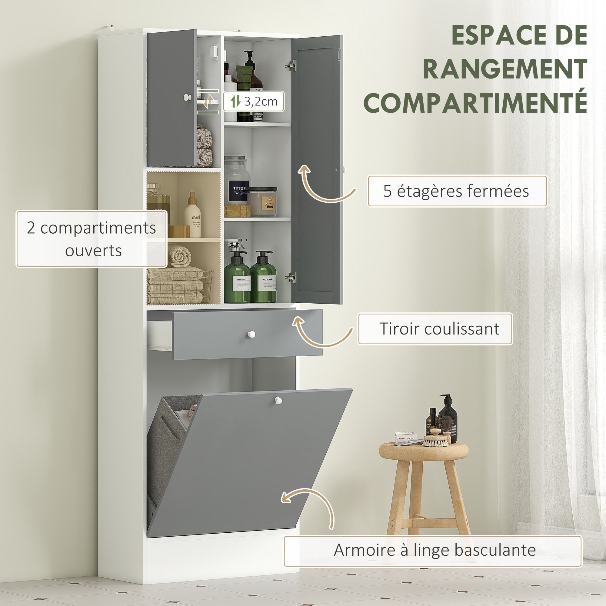 Meuble haut de salle de bain avec miroir - panier à linge à bascule, 2 portes, 3 étagères, 2 niches, tiroir - blanc gris
