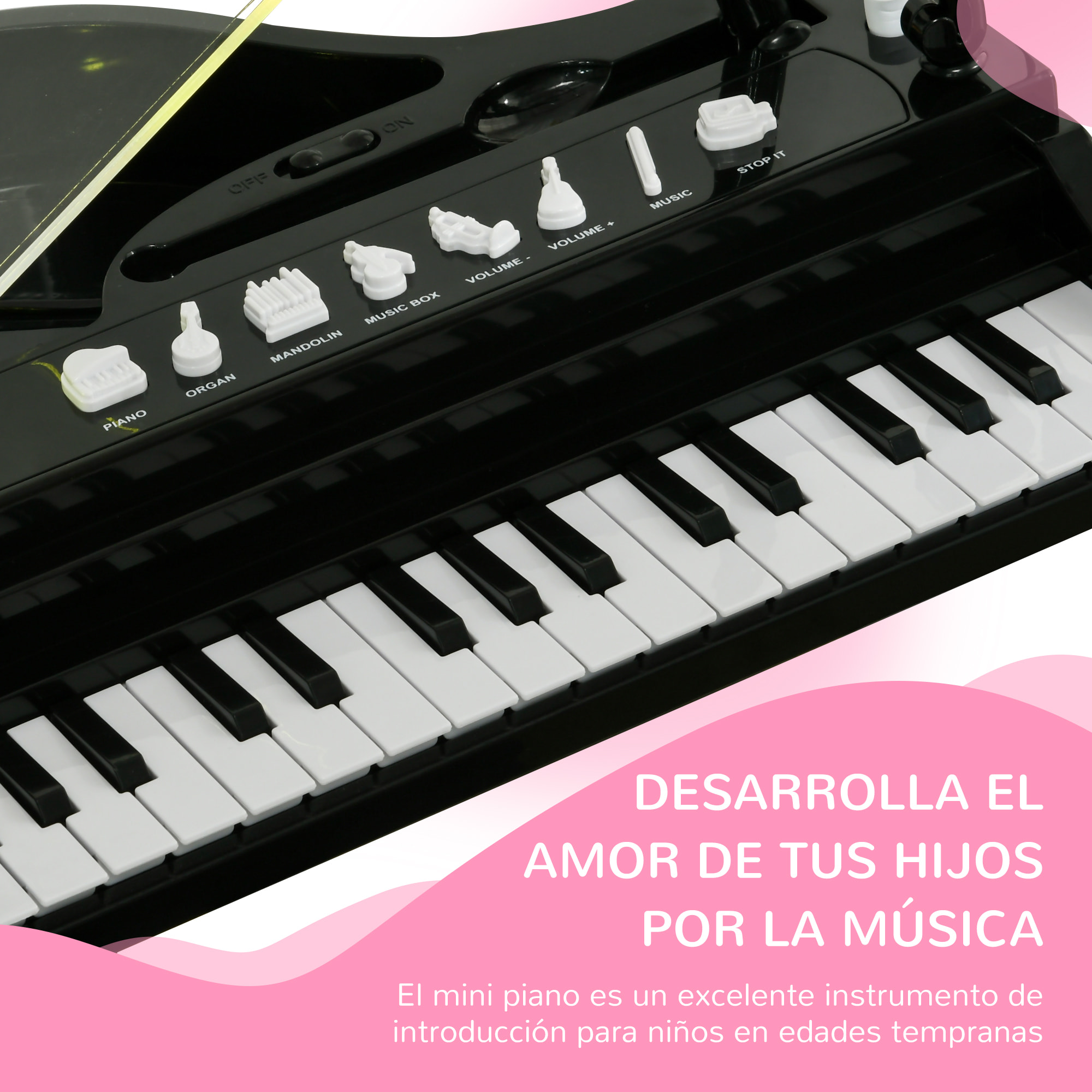 Piano Electrónico Infantil de 32 Teclas Juego de Piano con Micrófono Taburete Luces 22 Canciones 4 Sonidos Patas Desmontables y Volumen Ajustable 37x30,5x60,4 cm Negro