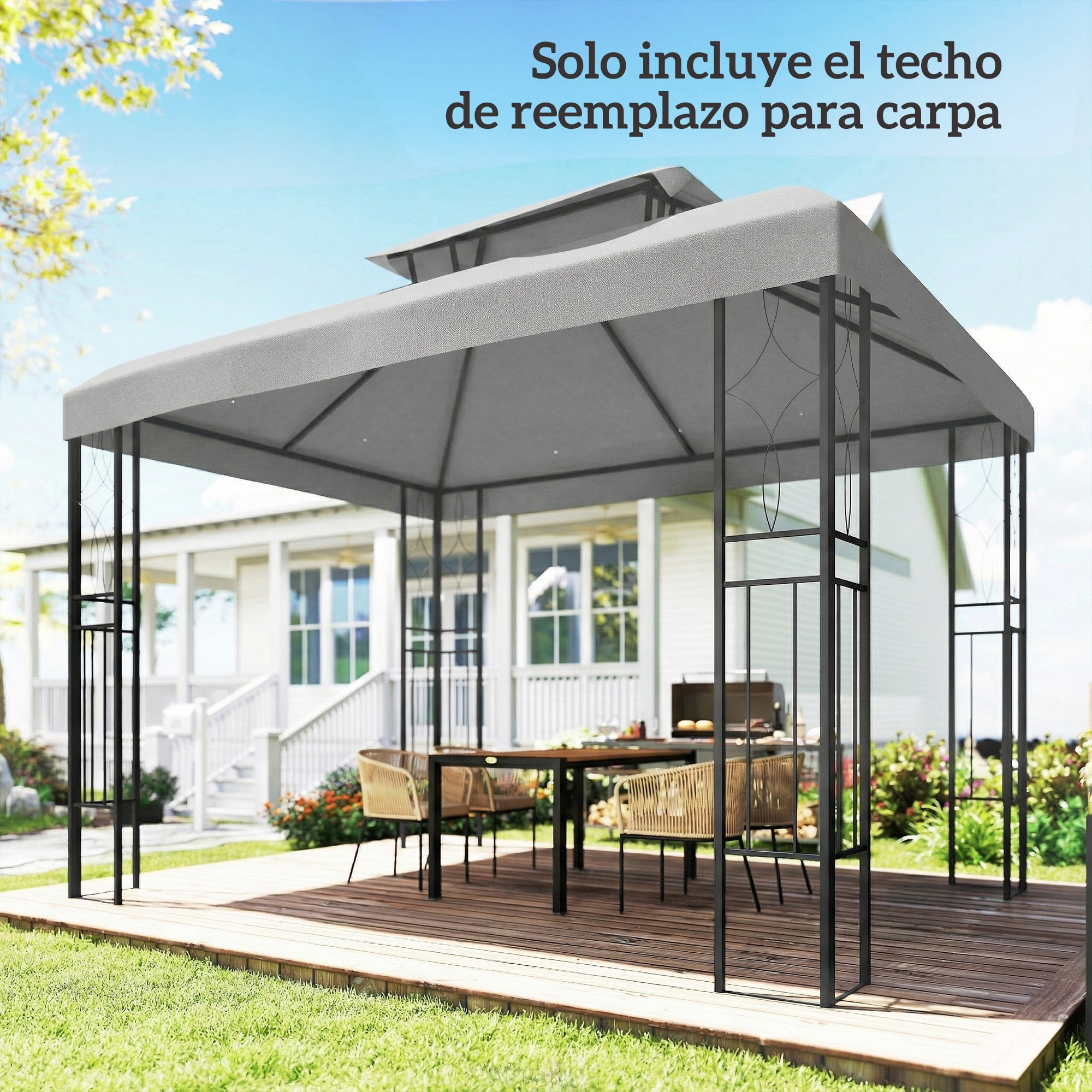 Techo de Repuesto para Cenador, 4x3 m, Cubierta de Repuesto con Techo Doble, 10 Orificios de Drenaje y Protección UV, SOLO Toldo de Recambio para Pabellón Gazebo, Gris Claro