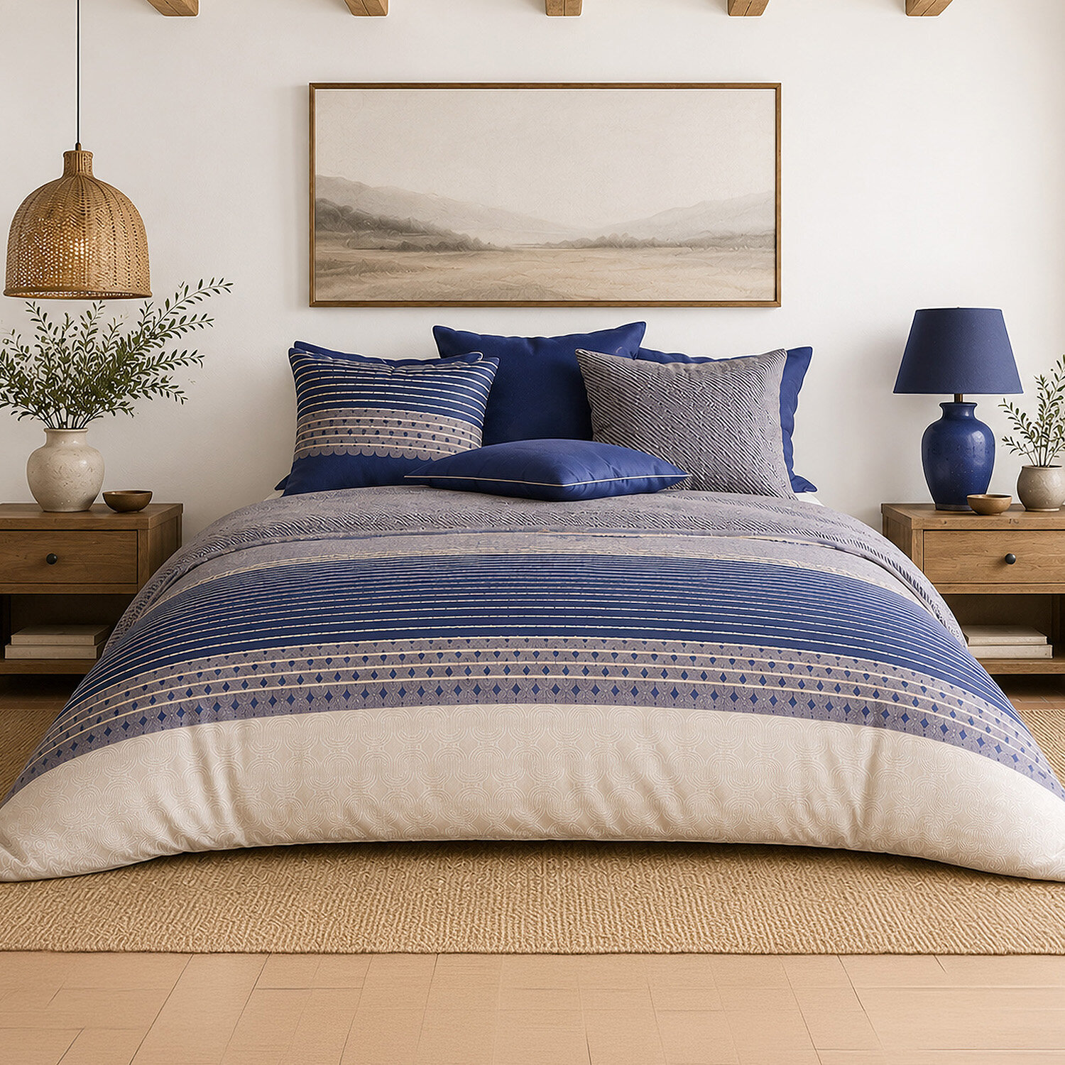 Parure housse de couette 100% percale de coton rayures horizontales - BLEVARIS