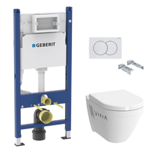 Pack WC Bati-support Geberit Duofix + Cuvette suspendue Vitra S50 avec bride + Abattant soft close + Plaque blanche (S50Geb3/BP)