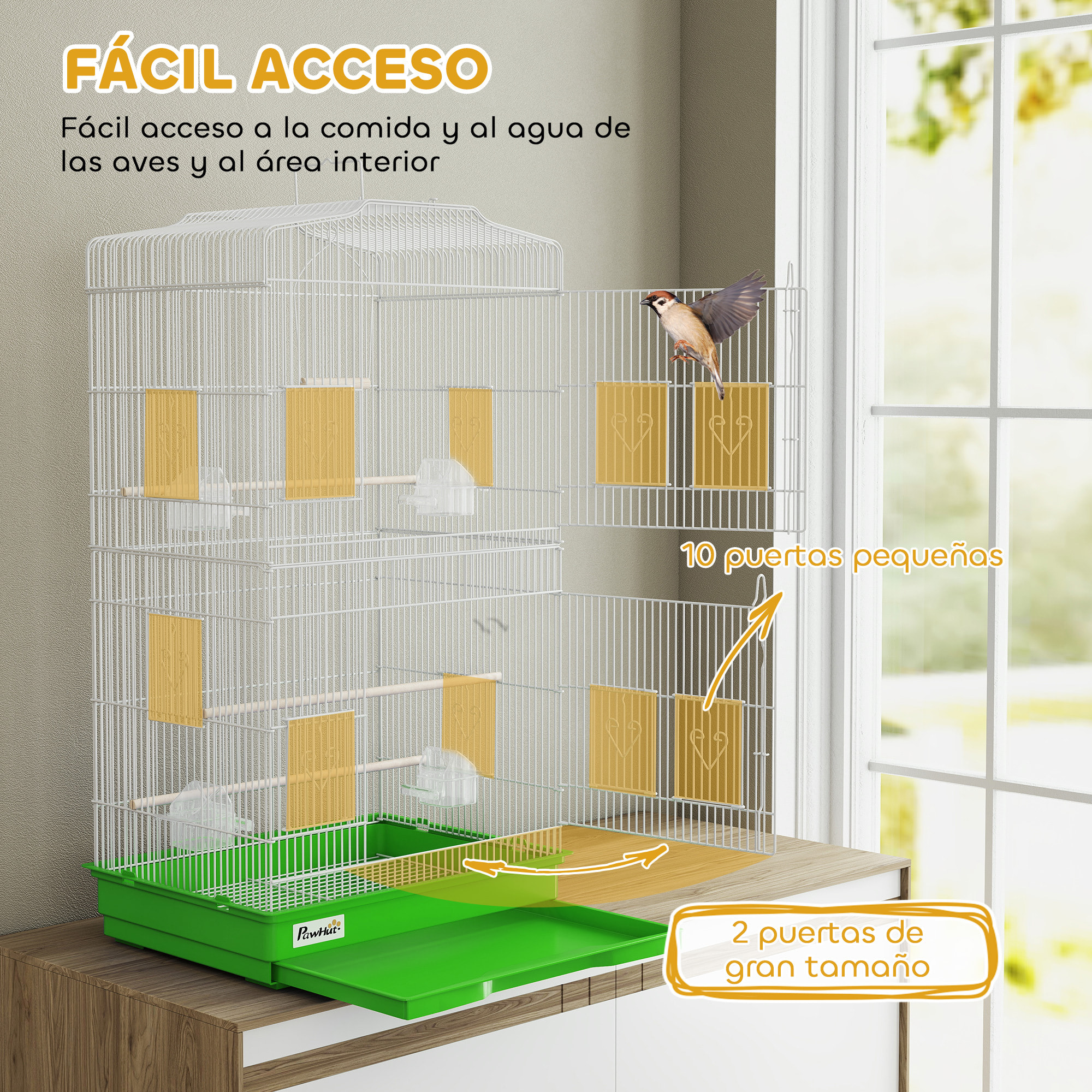 Jaula para Pájaros, Jaula de Metal para Pájaros con Puertas, 4 Comederos, 3 Perchas, Columpio, Bandeja Extraíble y Asa de Transporte, para Loro, Canario, Periquito, 46,5x35,5x92 cm, Verde