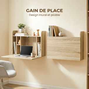 Bureau mural pliable - table murale rabattable - 5 niches, étagère - effet bois clair