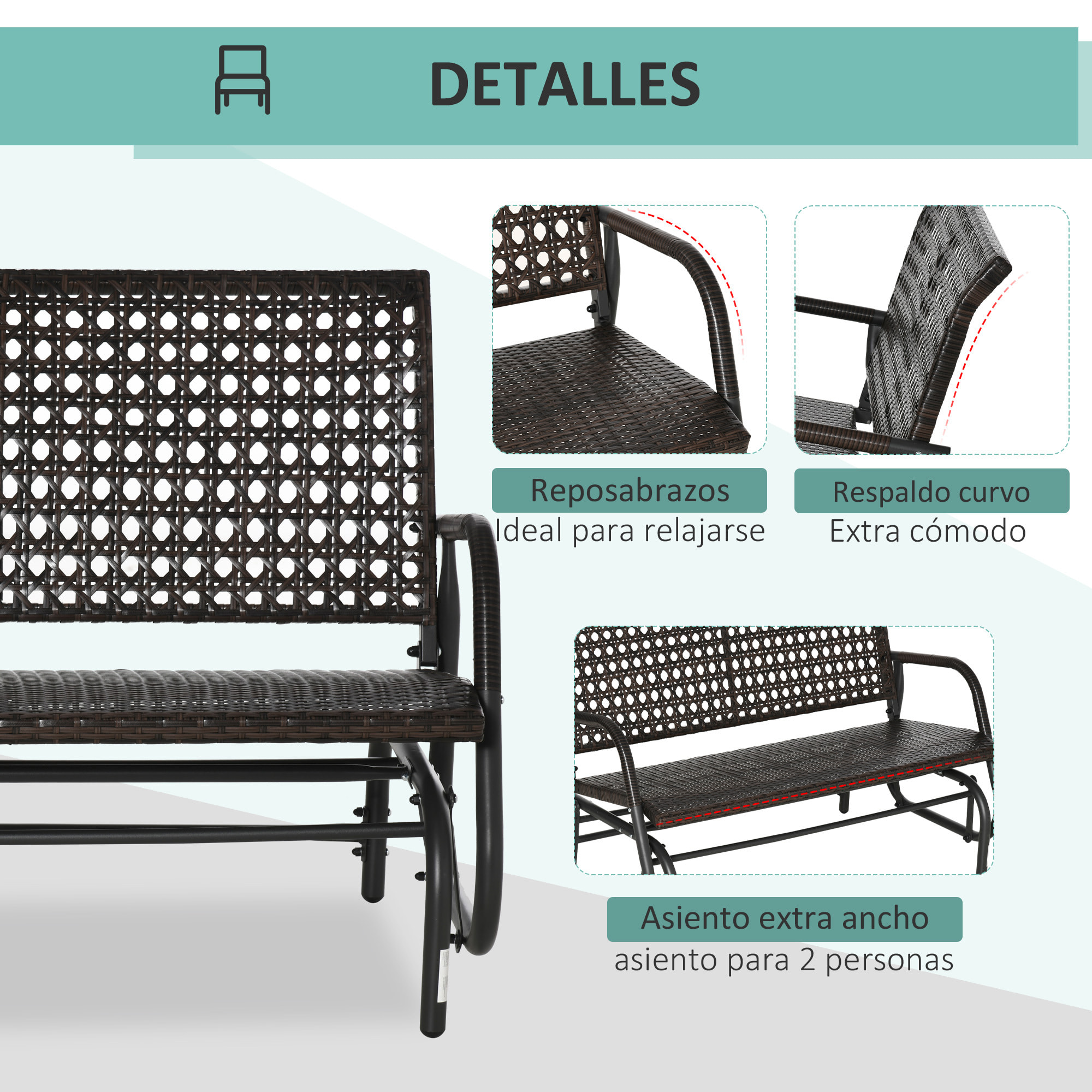 Outsunny Banco Balancín de Ratán de 2 Plazas Mecedora de Jardín con Balanceo Ergonómico y Marco de Metal para Terraza Balcón Exterior Carga 220 kg 70x120x84 cm Marrón