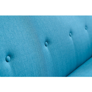 Canapé convertible scandinave 3 places en tissu bleu canard et bois clair OSCAR