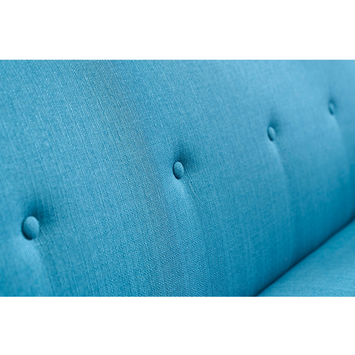 Canapé convertible scandinave 3 places en tissu bleu canard et bois clair OSCAR