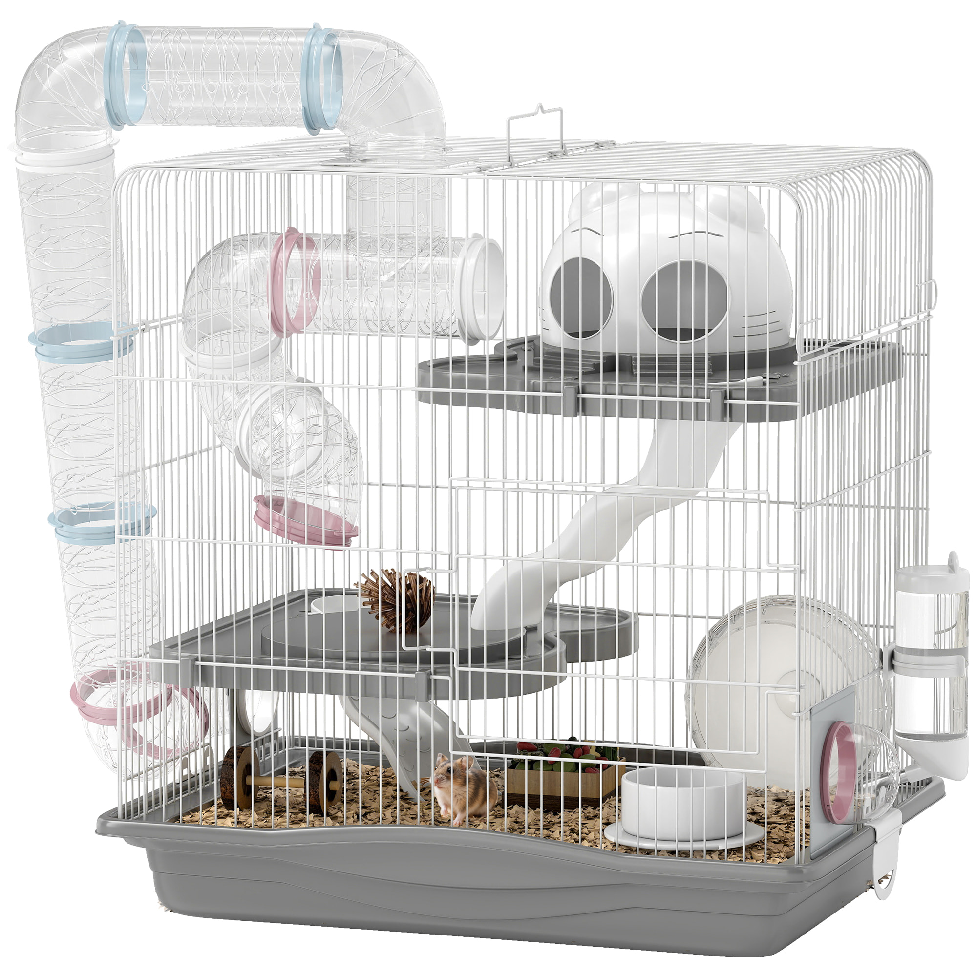 Jaula para Hámster, 45x30x45 cm, Casa para Animales Pequeños con Túnel, Plataformas, Cuenco, Bebedero, Casita, Rampas y Rueda de Ejercicio, para Hámsteres Enanos, Jerbos, Gris