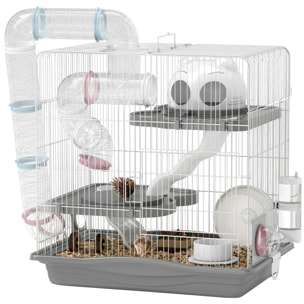 Jaula para Hámster, 45x30x45 cm, Casa para Animales Pequeños con Túnel, Plataformas, Cuenco, Bebedero, Casita, Rampas y Rueda de Ejercicio, para Hámsteres Enanos, Jerbos, Gris