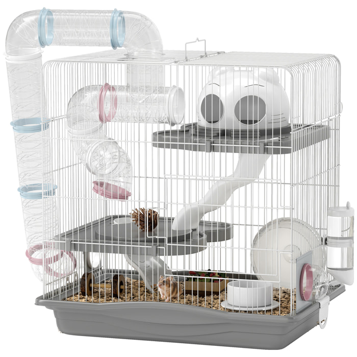 Jaula para Hámster, 45x30x45 cm, Casa para Animales Pequeños con Túnel, Plataformas, Cuenco, Bebedero, Casita, Rampas y Rueda de Ejercicio, para Hámsteres Enanos, Jerbos, Gris
