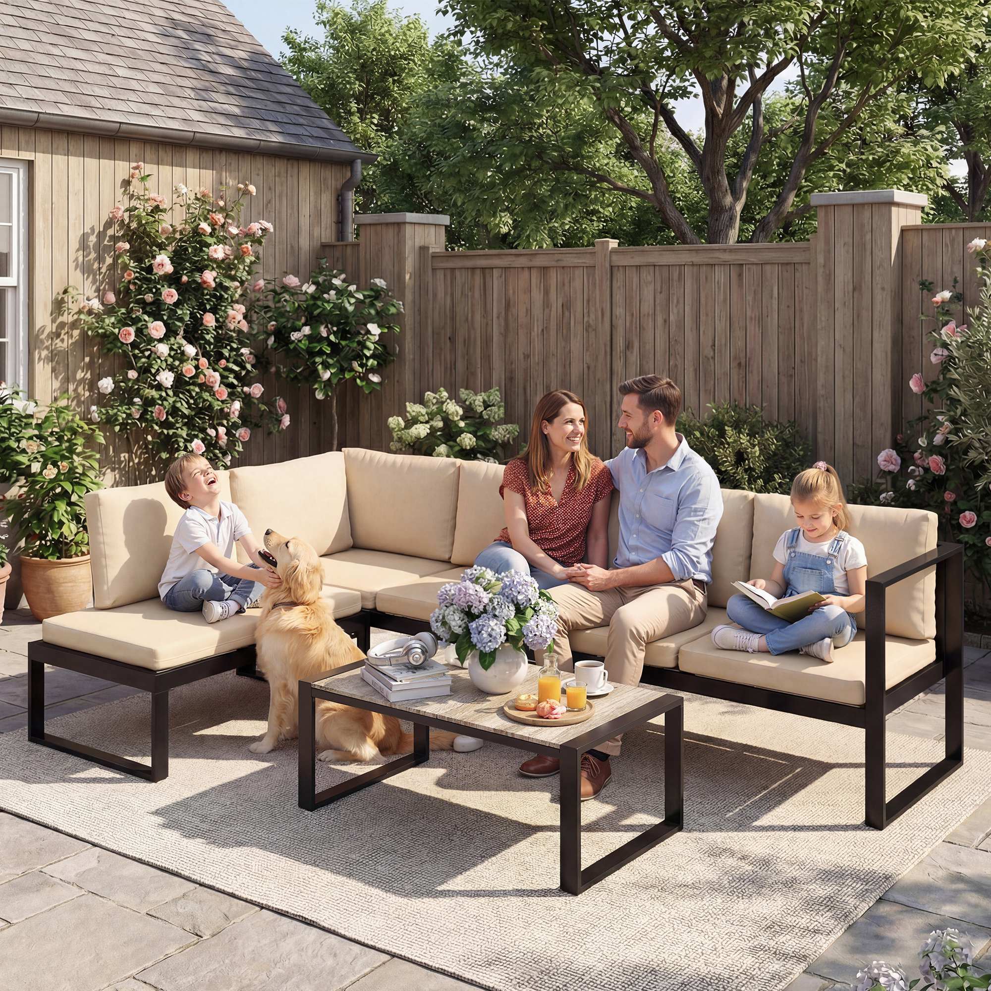 Conjunto de Jardín Exterior de 4 Piezas, Muebles Jardín Exterior con 2 Sofás de 2 Plazas, 1 Sillón sin Brazos y Mesa de Centro, Conjunto de Sofá con Estructura de Acero y Cojines, Caqui