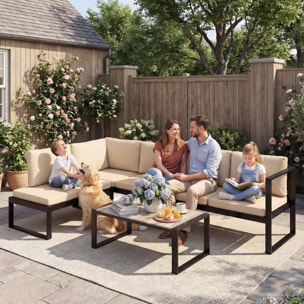 Conjunto de Jardín Exterior de 4 Piezas, Muebles Jardín Exterior con 2 Sofás de 2 Plazas, 1 Sillón sin Brazos y Mesa de Centro, Conjunto de Sofá con Estructura de Acero y Cojines, Caqui