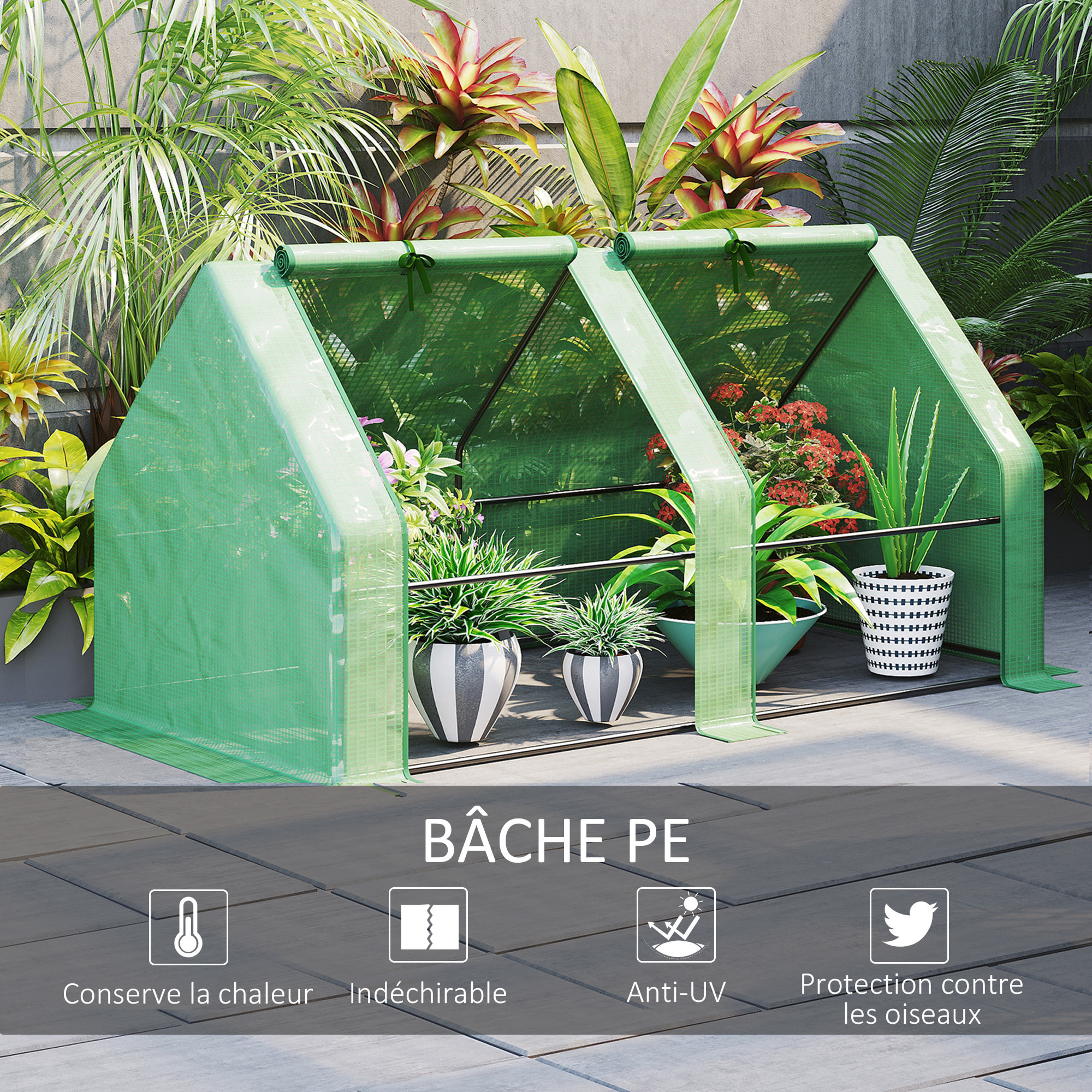 Mini serre de jardin serre à tomates dim. 180L x 90l x 90H cm acier PE haute densité 140 g/m² anti-UV 2 fenêtres zippées enroulables vert