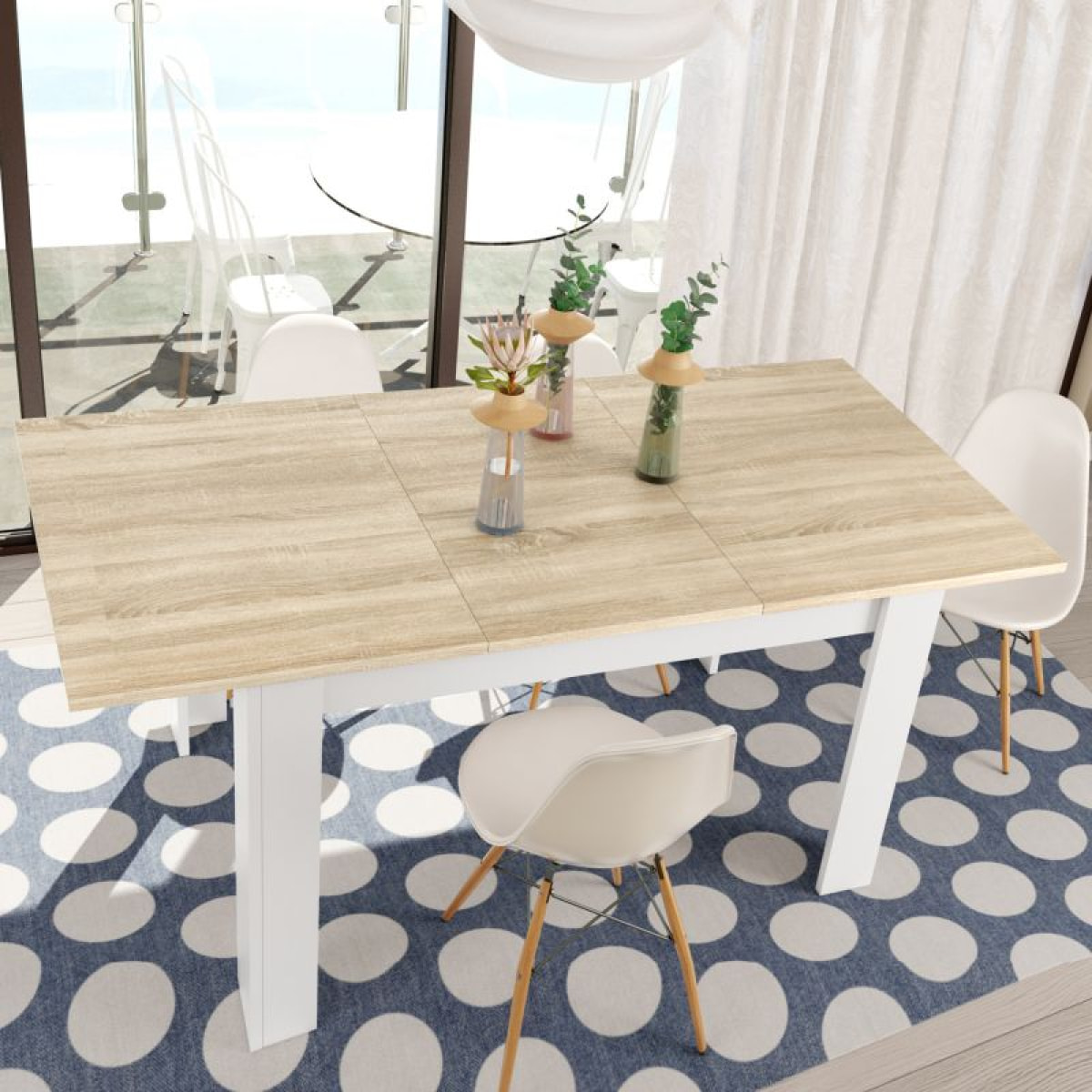 Mesa de comedor extensible Kendra 140 Blanco Artik (Blanco Mate) - Roble Canadian