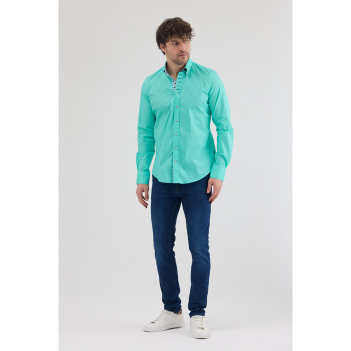 Camicia Uomo 1 Bottoni Button Down Slim Popeline Stretch Unito Verde Acqua