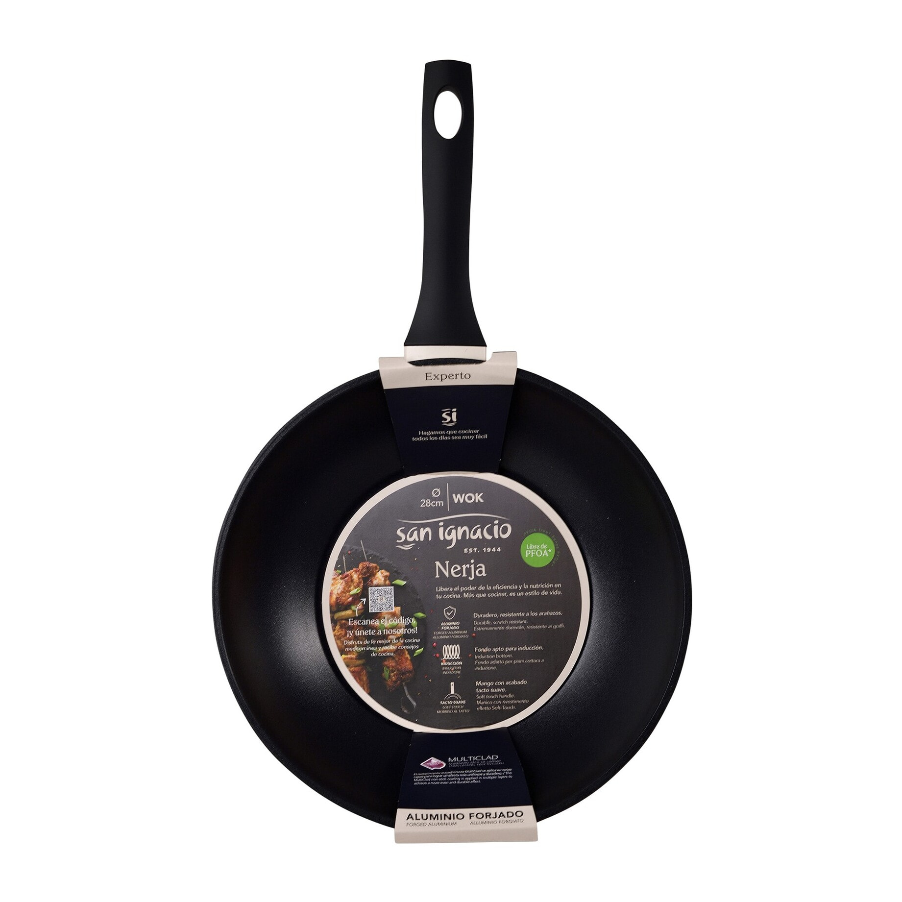 Wok ø28x7,6cm en aluminio forjado de color blanco, apta para inducción y antiadherente expert nerja san ignacio