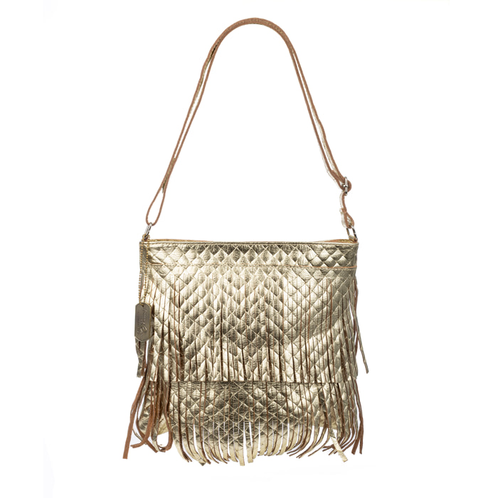 Avise bolso bandolera con flecos mujer. Piel auténtica Gamuza lacada brillante.