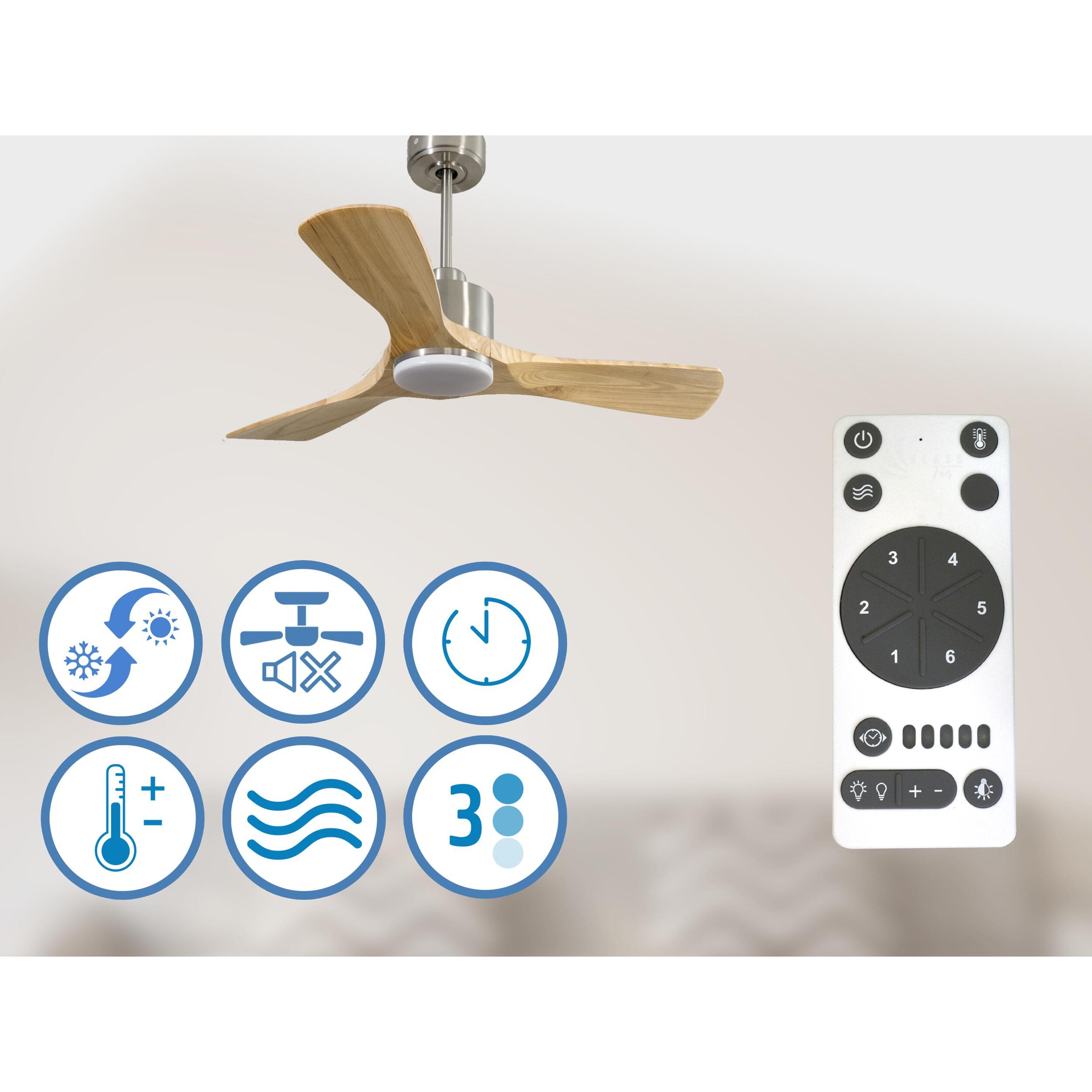 Ventilador de techo Reversible Termostato Dimable Wifi Motor DC Techos Inclinados Mando a Distancia Luz tres tonos Hypersilence Memoria RarotongaD106C03LED65057 PURLINE