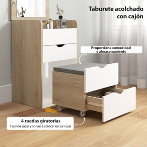 Tocador de Maquillaje 3 en 1 con Taburete Oculto y Espejo Abatible, Mesa de Maquillaje de Vidrio Visible con 3 Cajones y Taburete Acolchado, para Espacios Reducidos, Vestidor, Roble y Blanco