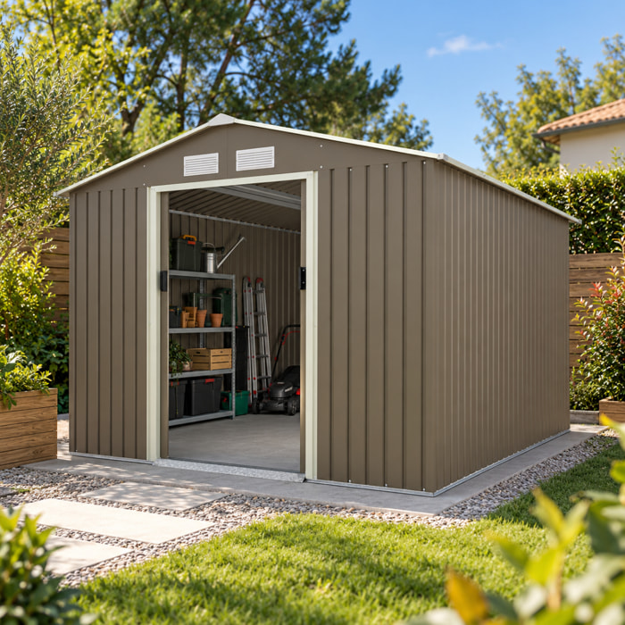 Abri de jardin métal gris/vert 7,30 m² + kit d'ancrage
