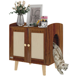 Mueble Arenero para Gatos Caja de Arena para Gatos Mesa Auxiliar con Puertas con Esteras de Sisal Patas de Madera para Salón Dormitorio 55x43x59,6 cm Marrón