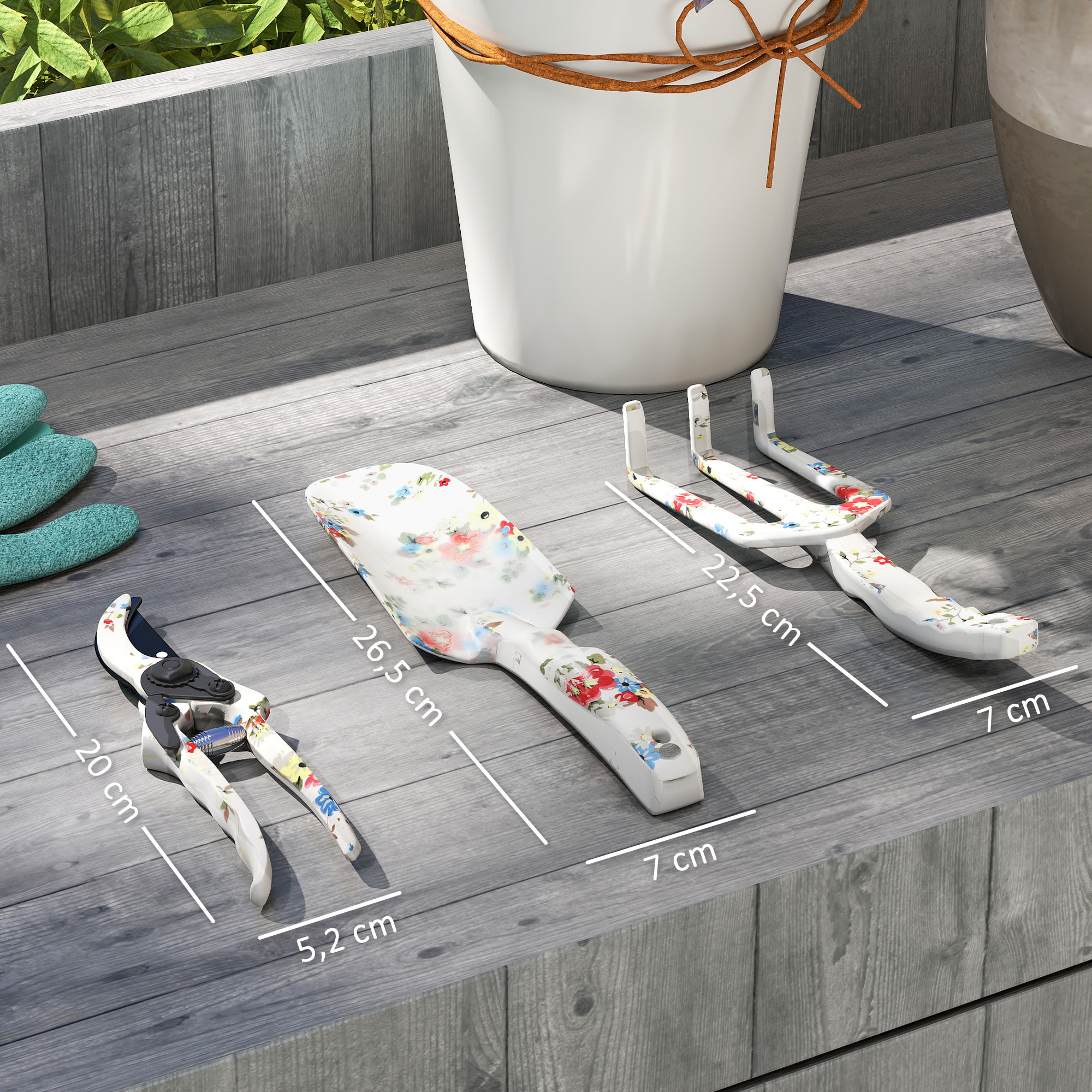 Kit 3 outils de jardin - sécateur, transplantoir, griffe à main - alu métal blanc motif fleurs