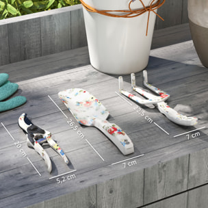 Kit 3 outils de jardin - sécateur, transplantoir, griffe à main - alu métal blanc motif fleurs