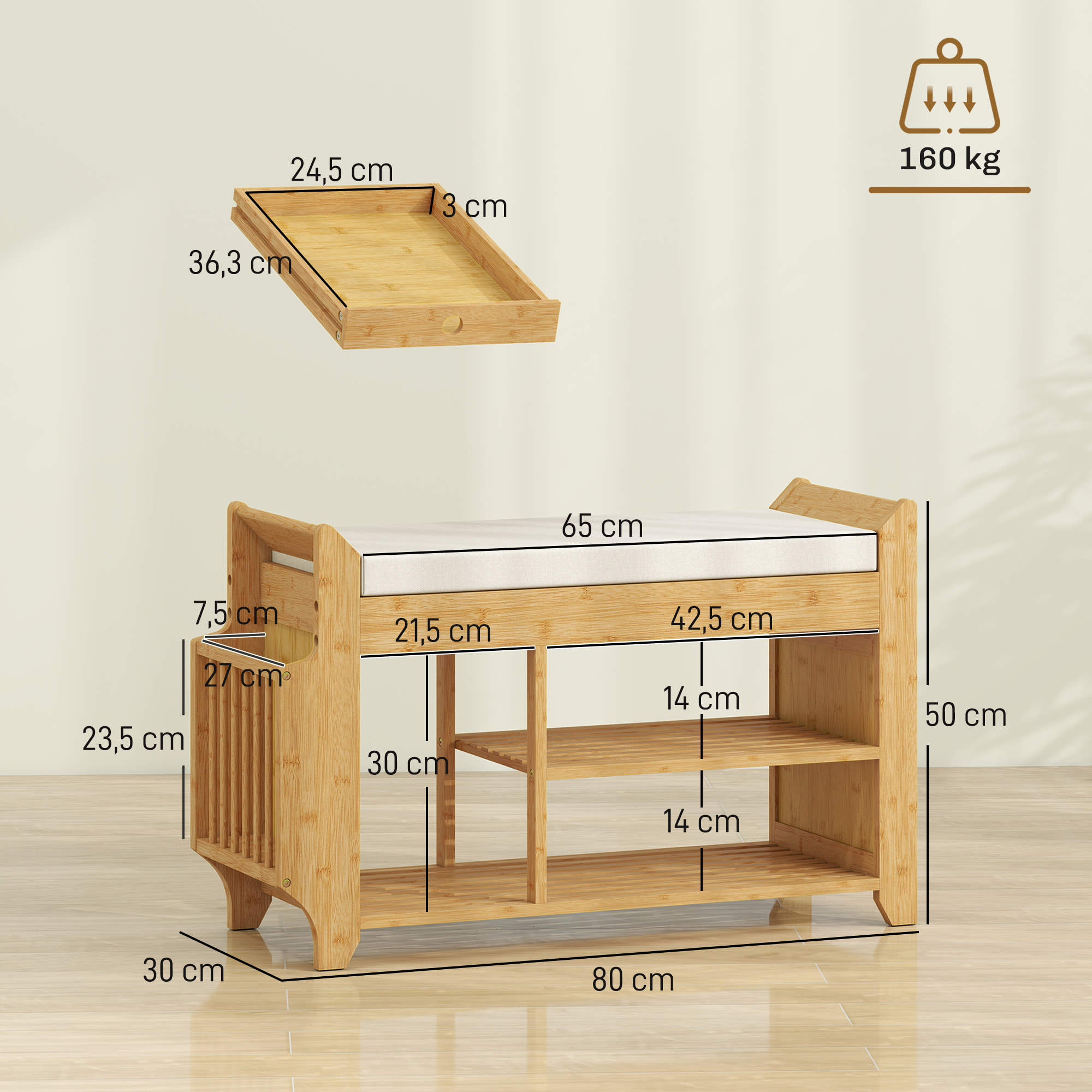 Banco Zapatero, Banco Recibidor con Asiento Acolchado, Almacenamiento Lateral, Estante para Botas, Marco de Bambú, para Entrada, Pasillo, Salón, 80x30x50 cm, Natural y Beige