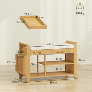 Banco Zapatero, Banco Recibidor con Asiento Acolchado, Almacenamiento Lateral, Estante para Botas, Marco de Bambú, para Entrada, Pasillo, Salón, 80x30x50 cm, Natural y Beige