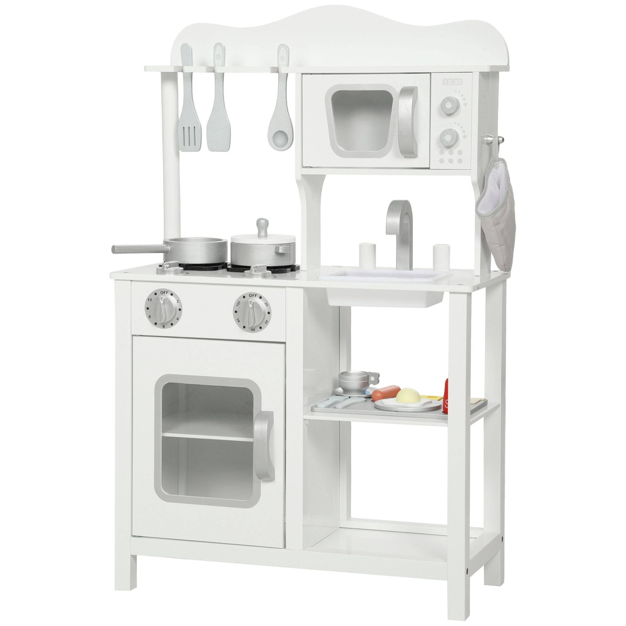 Cocina de Juguete de Madera con Sonido, Cocinita Infantil con Accesorios, Fregadero, Microondas y Fogón, Juguetes para Niños a Partir de 3 Años, 55x24x86 cm, Blanco