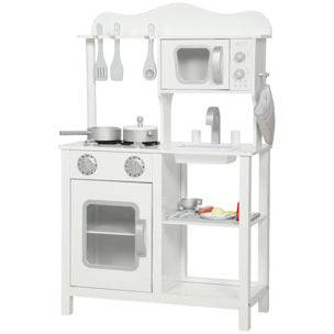 Cocina de Juguete de Madera con Sonido, Cocinita Infantil con Accesorios, Fregadero, Microondas y Fogón, Juguetes para Niños a Partir de 3 Años, 55x24x86 cm, Blanco